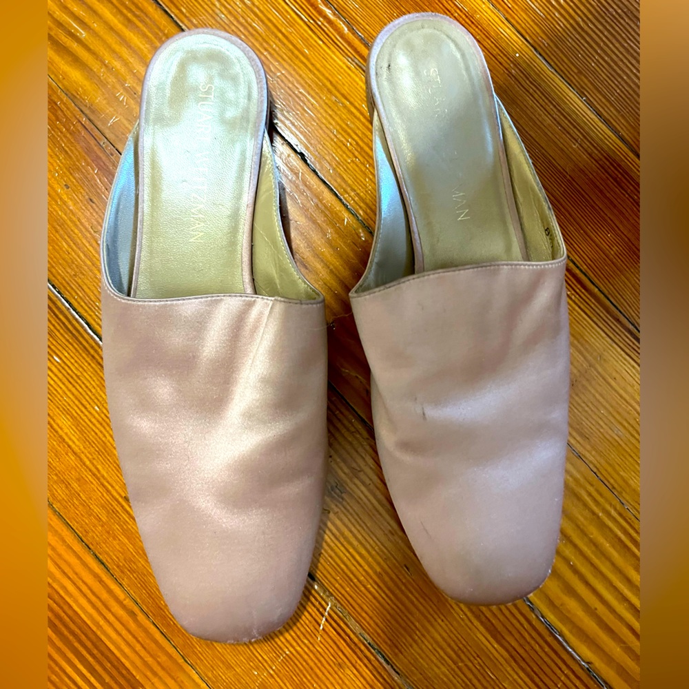 Satin Stuart Weitzman pearlescent ballet pink flat mules, gently worn, size 38